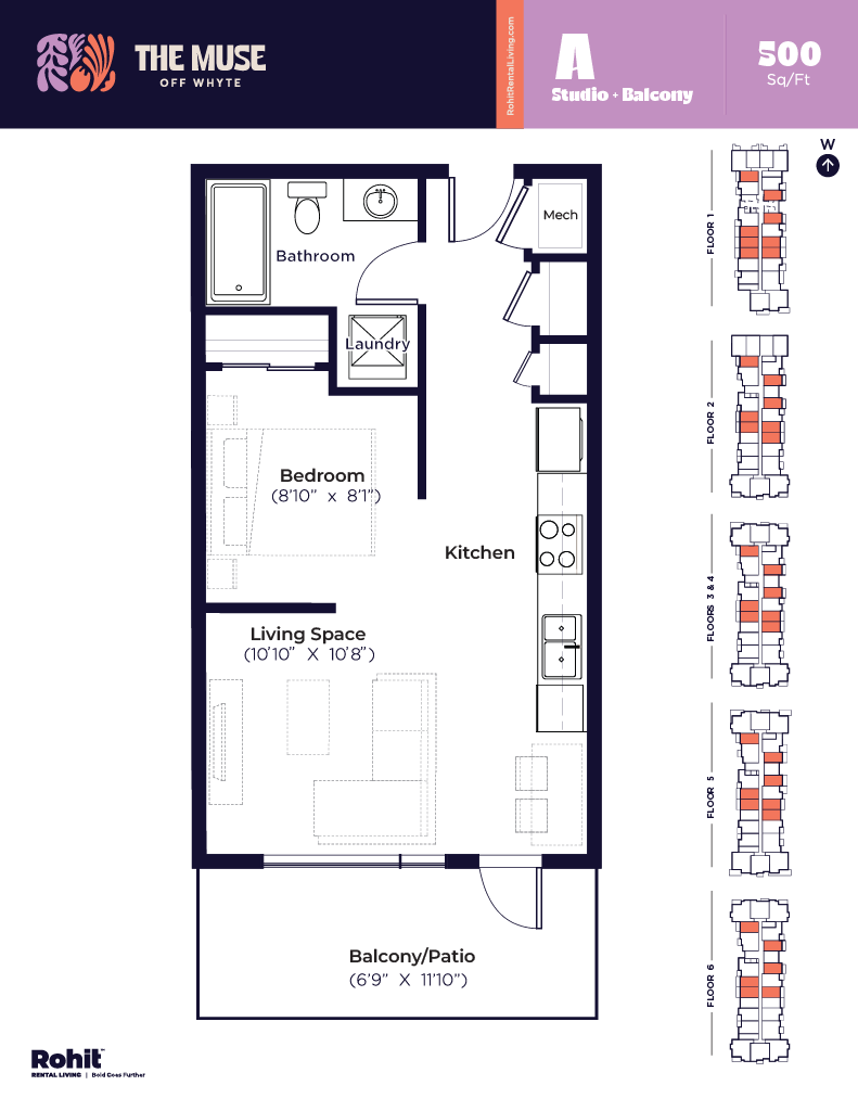 Floor plan for 1 bed, 1 bath, 500 sqft